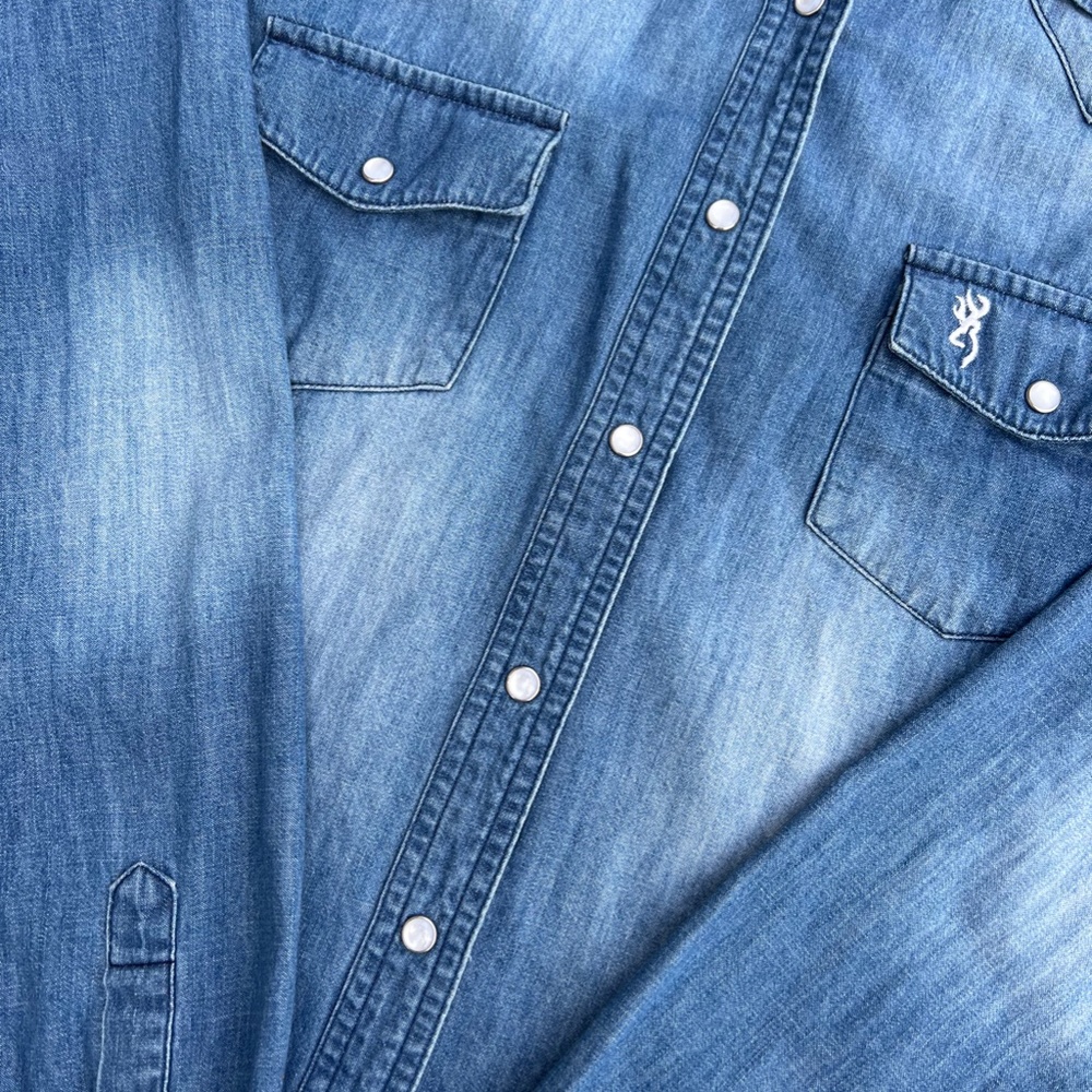 Browning Denim Shirt Authentic Pearl Snaps Embroidery Topstitching Women's M - Picture 9 of 9